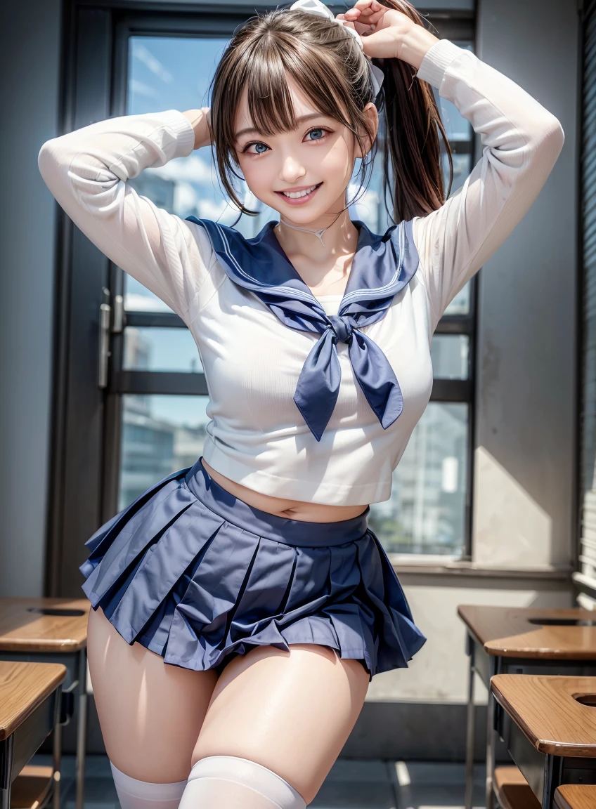 (highest quality:1.3), Highly detailed CG Unity 8k wallpaper, 32K, Realistic, Ultra-high resolution RAW photos, Beautiful and clear face, White skin, Real Skin, Finely textured fabric, Detailed hair texture, Perfect body, Beautiful Features, Accurate fingering, Anatomically correct, Highly detailed face and skin texture, One Girl, cute,Brown Hair, ((ponytail, Azure Eyes: 1. 2)), ((Smiling with white teeth:1.3))、Thick bangs、Show your belly、Attractive thighs、(Sailor suit)、(Navy blue pleated skirt)、Black knee-high socks、School classroom、