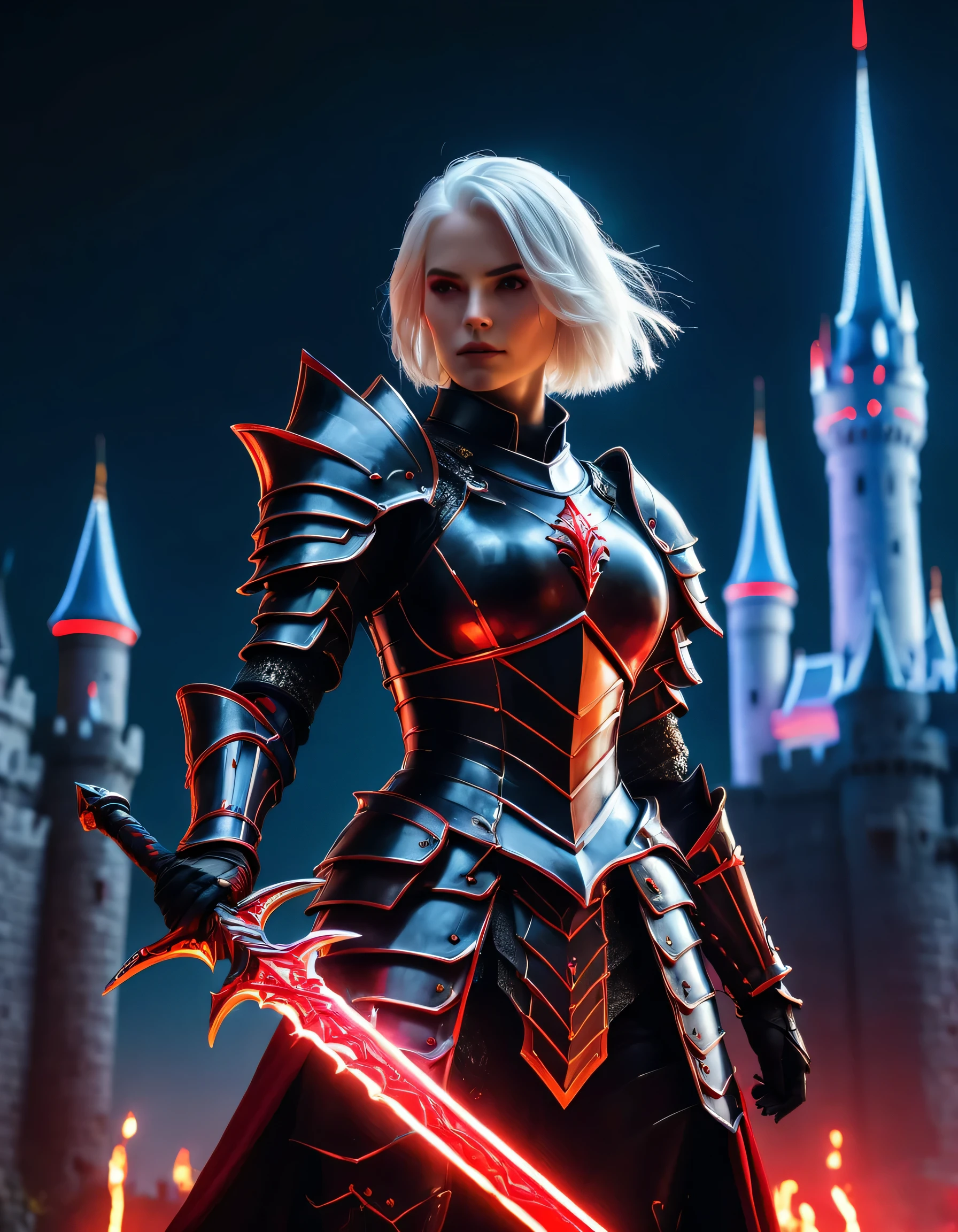 Cinematic shot of a female knight wearing a super luxurious black armor with red incrustation, beautiful super white hair, neon red glowing eyes, holding red glowing sword, sword pointing straight up in middle, fantasy castle in background, reflective light, HKStyle, HD, masterpiece, best quality, hyper detailed, ultra detailed, super realistic