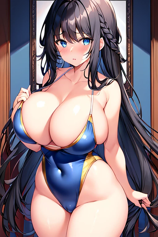 1girl, black hair, dark blue hair, dark hair, long hair, ornament, hair ornament, blue eyes, one-piece swimsuit, competition swimsuit, large breasts, wide hips, thick thighs, wavy mouth, shy, timid, breasts supress, ((breast suppress)), hands on breasts, black swimsuit, blue trim, cleavage