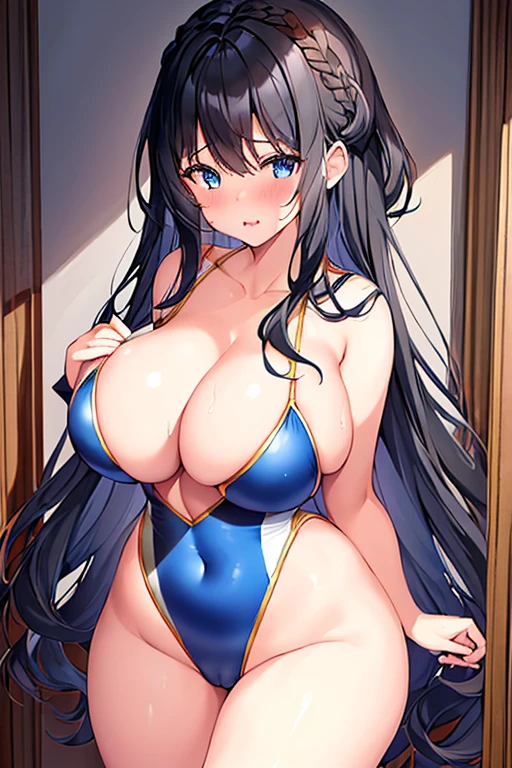 1girl, black hair, dark blue hair, dark hair, long hair, ornament, hair ornament, blue eyes, one-piece swimsuit, competition swimsuit, large breasts, wide hips, thick thighs, wavy mouth, shy, timid, breasts supress, ((breast suppress)), hands on breasts, black swimsuit, blue trim, cleavage
