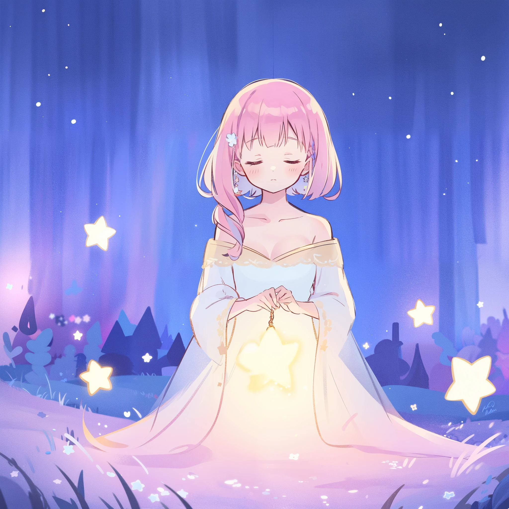 complex background, wishing star background, a woman wearing an ethereal mystical pink translucent dress that reflects the stars, dreamy, peaceful, serene composition, glowing stars, glowing, complex drawing, highly detailed, ethereal, starry night, midjourney style