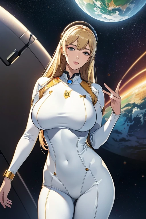 (best quality,4k,highres,masterpiece:1.2),ultra-detailed,(realistic,photorealistic,photo-realistic:1.37),blonde tall woman,woman with big breasts and massive buttocks,dressed in an astronaut costume,reflective astronaut helmet,sparkling spacesuit,beautifully textured suit,futuristic environment,star-filled backdrop,extravagant space station,expansive view of the cosmos,impressive space technology,vibrant colors,sleek design,shining metallic materials,soft body curves,glossy surfaces,commanding presence,strong and confident expression,graceful posture,exploring distant galaxies,weightlessness,peaceful serenity,illuminated by starlight,mysterious darkness,understated lighting,subtle shadows,perfectly balanced composition,celestial essence,powerful visual impact