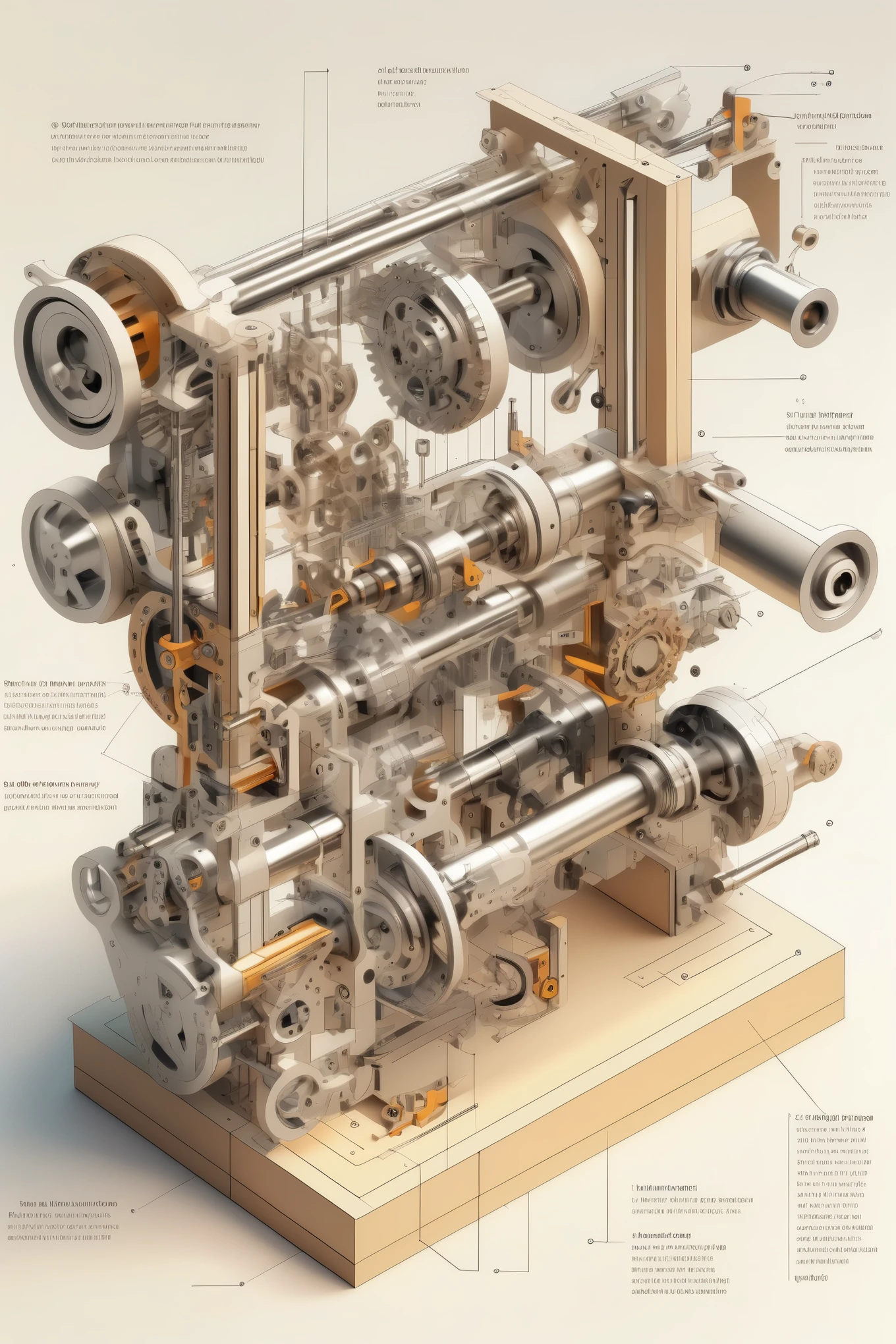 Isometric Cutaway - A complex mechanism assembly illustrated in a technical drawing. The detailed drawing depicts the intricate interplay between several components that work in harmony to achieve a common goal. The components are connected by joints and fasteners, forming a rigid structure that is sturdy and functional. The environment is a clean, well-lit engineering workshop, with a cluttered desk and a few tools lying around. The mood is focused and precise, with a sense of meticulous attention to detail. The atmosphere is professional, with a hint of creativity and innovation. The lighting is bright and direct, highlighting the intricate details of the mechanism, and casting sharp shadows that enhance its complexity.