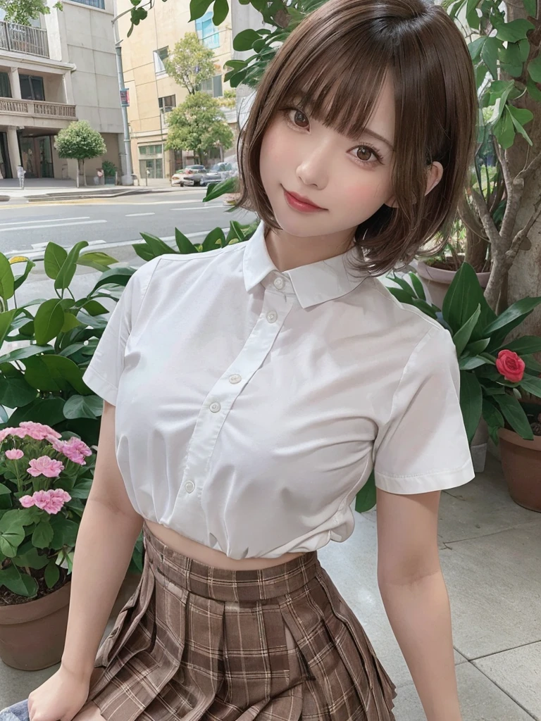 8k RAW photo, highest quality, masterpiece, Ultra-high resolution, movie grain, movie, movie, One girl, Looking at the audience, Natural skin texture, Realistic eye and facial details, full lips, lipstick, (compensate), Red Eyeshadow, Fluffy short hair, smile,eautiful 脚, Tall Woman, , alone, Small breasts, Ass posing for you, mini skirt, teeth, shirt, Beautiful natural place, Position of surrounding flowers, (Detailed Background), Plaid skirt, white shirt,Small breasts, show a little through shirt, loafers, Blurred background, Blurred, Plaid , Short sleeve, Brown Hair, bracelet, water, bangs, , jewelry, parted lips, lips, From the side, Pleated skirt, Depth of written boundary,sexy