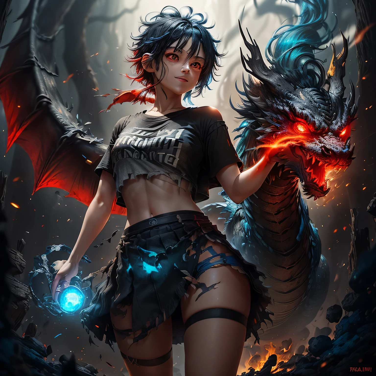 work of art, best quality, background with burning forest, highlighted in red and gray. With an 18 year old girl. Featuring a large dragon with sharp fangs breathing fire behind, cinematic lighting, 8k resolution, Ultra HD, (beautiful red eyes: 1.3), (visible and realistic features: 1.1), anatomically correct textured skin, beautiful and highly detailed face, eyeliner, red lips, sunlight, shine, (messy short hair, black and blue hair, Hair color: 1.4), Motion lines, sharp focus, bright colors, medium breasts, round breasts, ((short t-shirt tearing, torn :1.3)), ((black pleated mini skirt tearing, torn:1.3)), thigh-high brown pantyhose, looking at the camera, (smile, teeth:1,2).