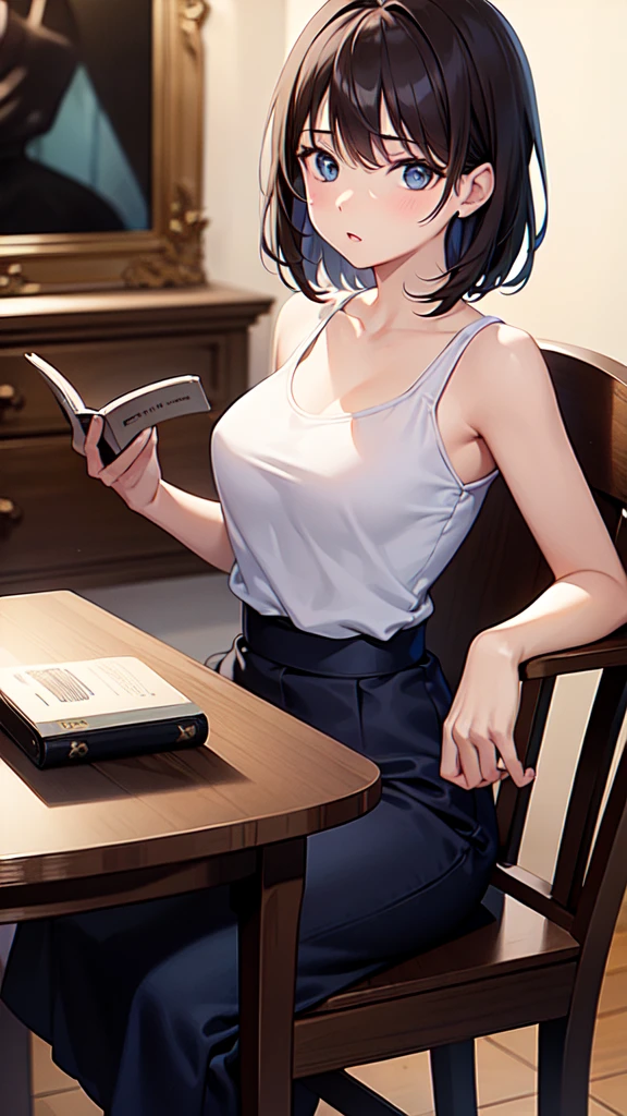 Masterpiece, one girl, has short brown hair, has blue eyes, best eyes, wears black , sitting on a chair in front of the table, in the bedroom, reading a green book