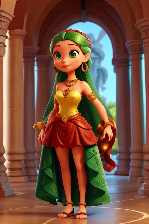 uma imagem 3D ART de um cigana com vestida de saia longa, made of colorful veils, she is standing, cabelos longos marrom,, olhos verdes, big black eyelashes, brinco de argola, colored stone rings, thick lips with red lipstick. Ela esta em uma tenda colorida.