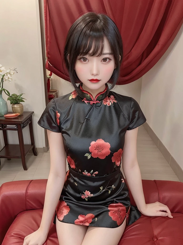 alone,One girl,dress,Chinese clothing,china dress,Black Hair,Sitting,Floral print,curtain,short hair,Realistic,whole body,indoor,View your viewers,Red lips,sofa,Chair,(Thin legs),Elegant girl,
