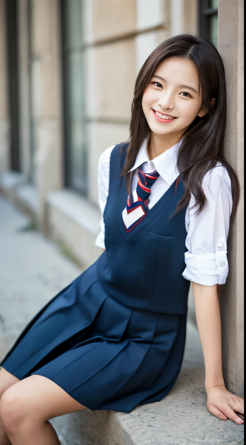 ((女子高等School Uniforms))、((1people))、Close to the topic、((School)))、(((smile)))、(((女子高等School)))、((Beautiful girl))、((Sexy pose))、Photorealistic、Beautiful fine details、Hyperrealism、High Contrast、Ultra HD、Realistic skin texture、Best image quality、highest quality、超A high resolution、The finer details、With great care