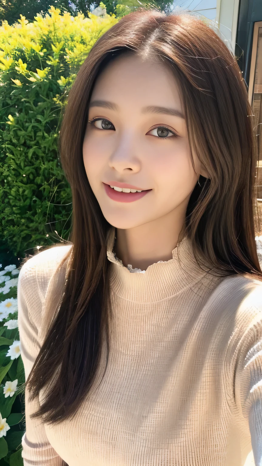 Full body angle、((highest quality, 8K, masterpiece:1.3)), concentrated:1.2, Perfect body beauty:1.4, Hips:1.2, ((Delicate Hair)), (Colorful lettuce cut mock neck see-through top without bra、 :1.1) , ((highest quality、8K、masterpiece:1.3))、1 Girl、A sloppy smile、Esbian all over、Slim face、Big 、Beautiful woman、(Dark Brown Hair)、Long Hair、1.1、Flickering Valley、Detailed eyes、double eyelid、Blurred Background、超Slim face、Looking down、garden、