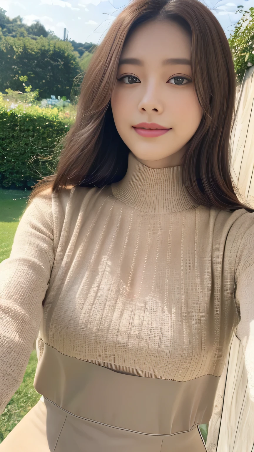 Full body angle、((highest quality, 8K, masterpiece:1.3)), concentrated:1.2, Perfect body beauty:1.4, Hips:1.2, ((Delicate Hair)), (Colorful lettuce cut mock neck see-through top without bra、 :1.1) , ((highest quality、8K、masterpiece:1.3))、1 Girl、A sloppy smile、Esbian all over、Slim face、Big 、Beautiful woman、(Dark Brown Hair)、Long Hair、1.1、Flickering Valley、Detailed eyes、double eyelid、Blurred Background、超Slim face、Looking down、garden、