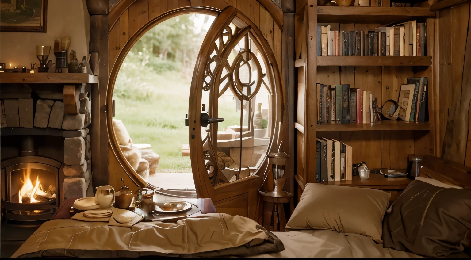 a cozy hobbit hideout, a large hoobit rounded door, a table with cup, coffee can a candle, a cozy bed, two side fireplaces, a bookshelf, a pretty celtic woodwork