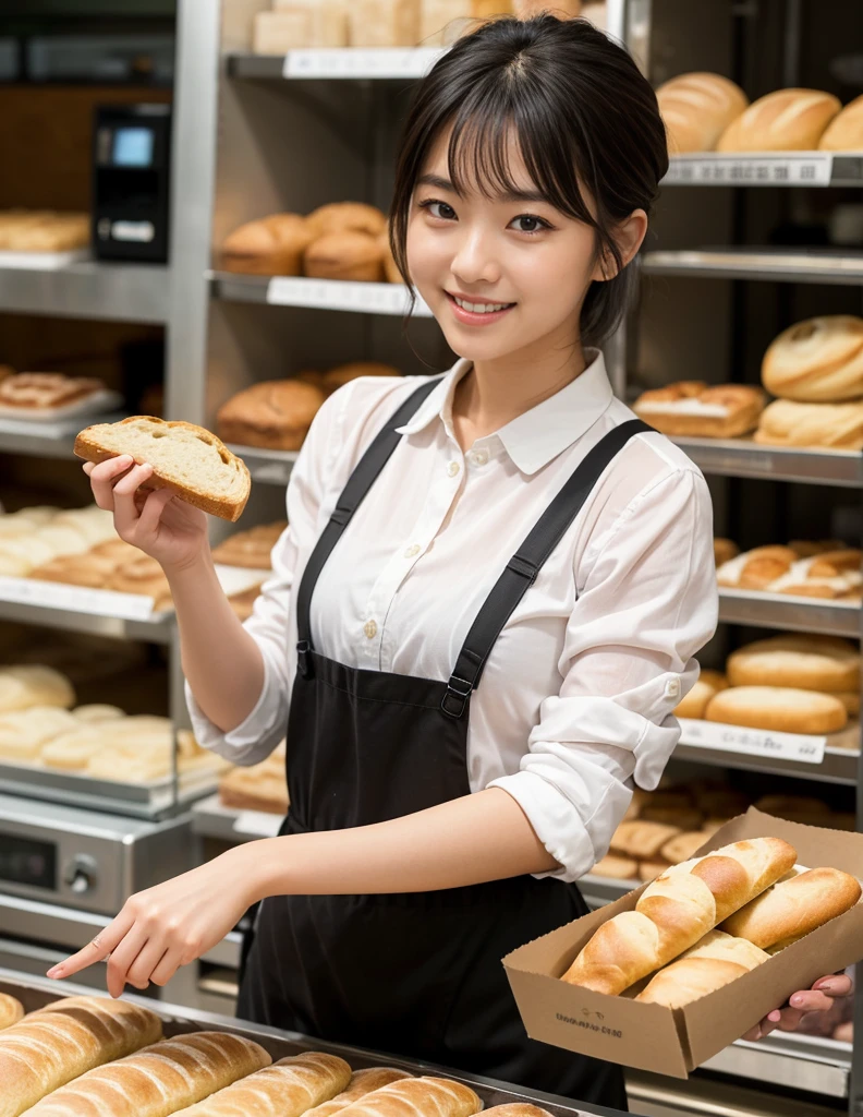 highest quality, masterpiece, Ultra-high resolution, (Realistic:1.4), RAW Photos, One girl, Most popular Japanese idols, (At the bakery, Looking happily at the many pieces of bread, At the bakery楽しい時間を過ごす), Mr.々Details of different types of bread, Tight clothing, A very cute smile like the most famous Japanese idol, Perfect Proportions, Very cute face like the most famous Japanese idol, ((Very beautiful big black eyes)), Very beautiful short black hair, Detailed bakery
