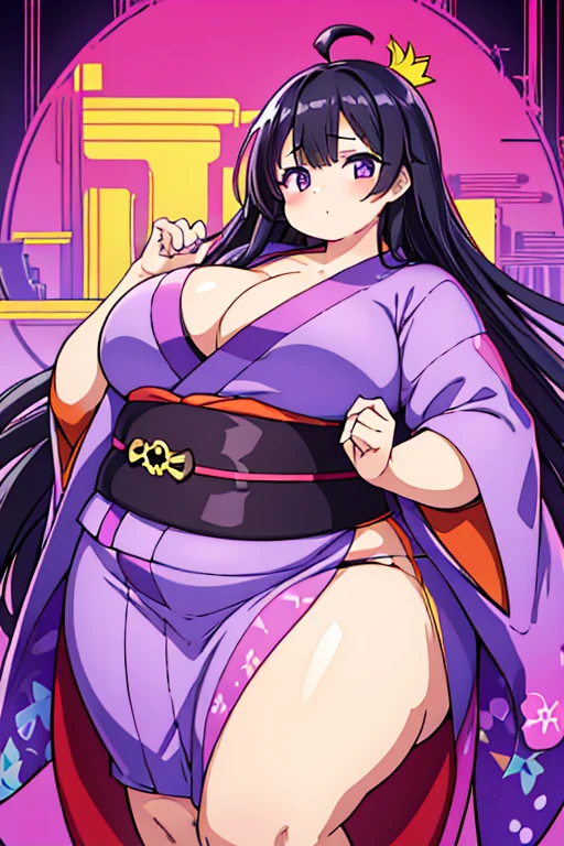 Obese girl in long purple kimono, messy very long black hair let down, chubby, thick thighs, sideboob, ahoge, fat, hand on hip, cleavage, morbidly obese, pose, fat rolls, bbw