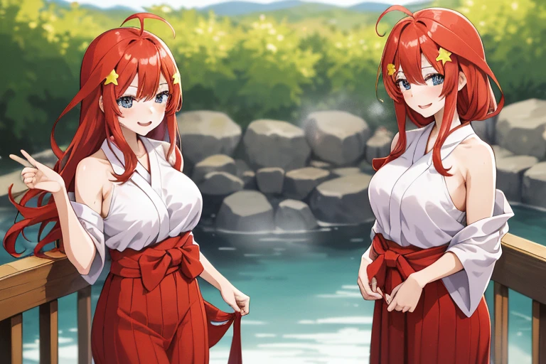 2d, masterpiece, best quality, anime, highly detailed, 5 girl, photo of 5 girl, quintuplets, nakano itsuki, red hair, long hair, star hair ornament, ahoge, large breasts, standing, onsen, red yukata with white flowers, outdoors, smile