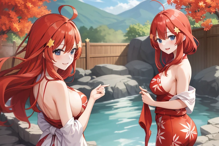 2d, masterpiece, best quality, anime, highly detailed, 5 girl, photo of 5 girl, quintuplets, nakano itsuki, red hair, long hair, star hair ornament, ahoge, large breasts, standing, onsen, red yukata with white flowers, outdoors, smile