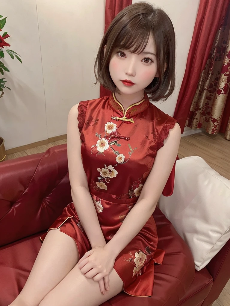 alone,One girl,Red dress,Chinese clothing,china dress,Brown Hair,Sitting,Floral print,curtain,short hair,Realistic,whole body,indoor,View your viewers,Red lips,sofa,Chair,(Thin legs),Elegant girl,