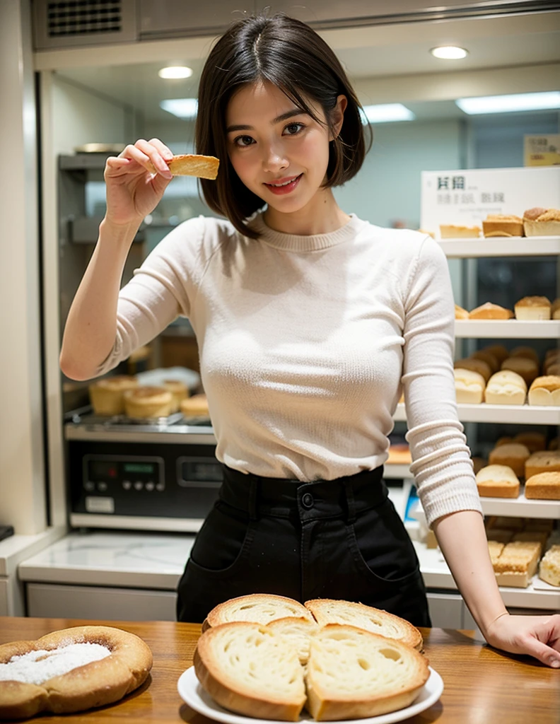 highest quality, masterpiece, Ultra-high resolution, (Realistic:1.4), RAW Photos, One girl, Most popular Japanese idols, (At the bakery, Looking happily at the many pieces of bread, At the bakery楽しい時間を過ごす), Mr.々Details of different types of bread, Tight clothing, A very cute smile like the most famous Japanese idol, Perfect Proportions, Very cute face like the most famous Japanese idol, ((Very beautiful big black eyes)), Very beautiful short black hair, Detailed bakery