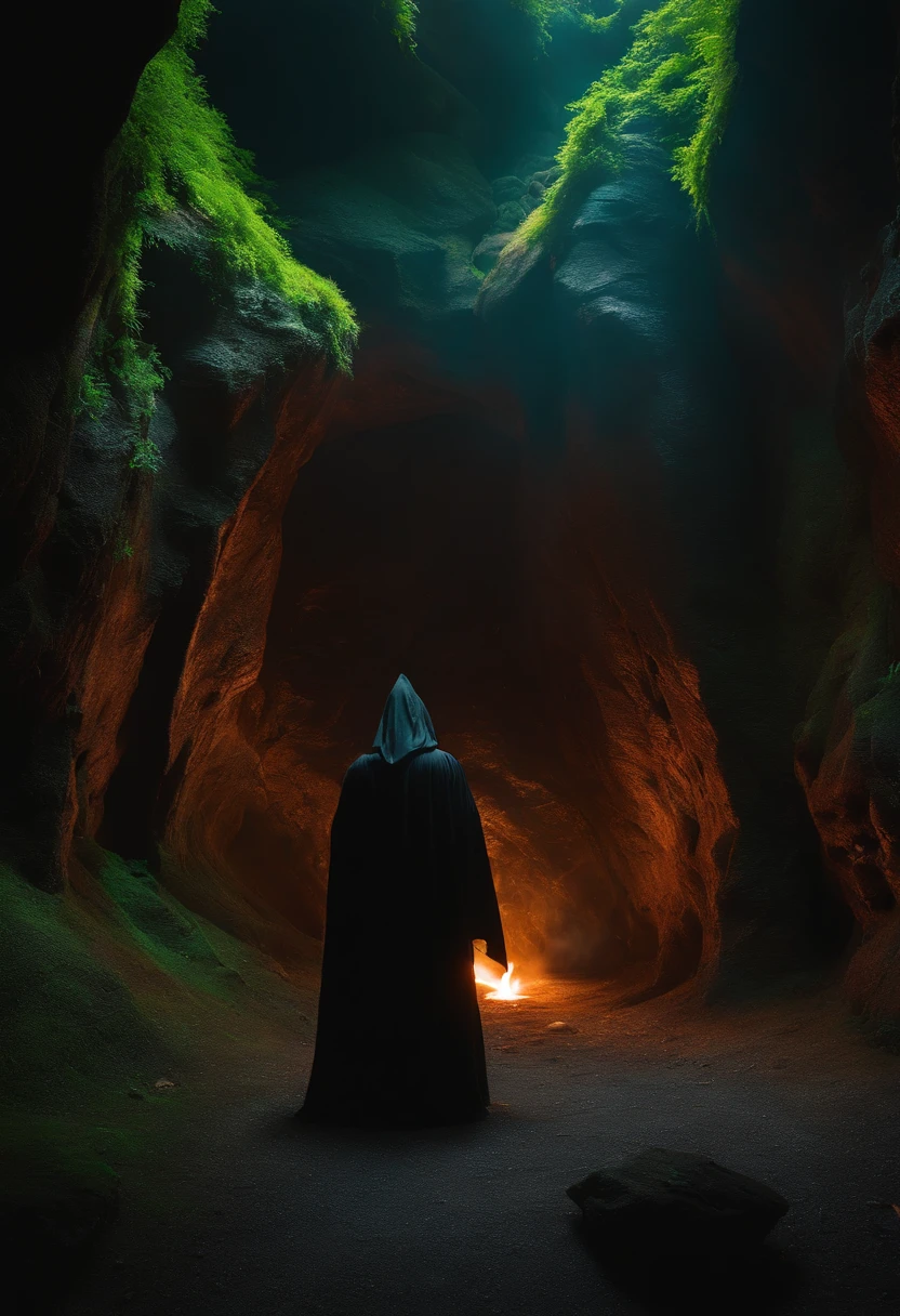 A Wizard in black drapes is at his portal holding a sword. The wizard has marijuana on the floor. The portal is located inside of a large dark cave. The Wizard is angry and enraged.
