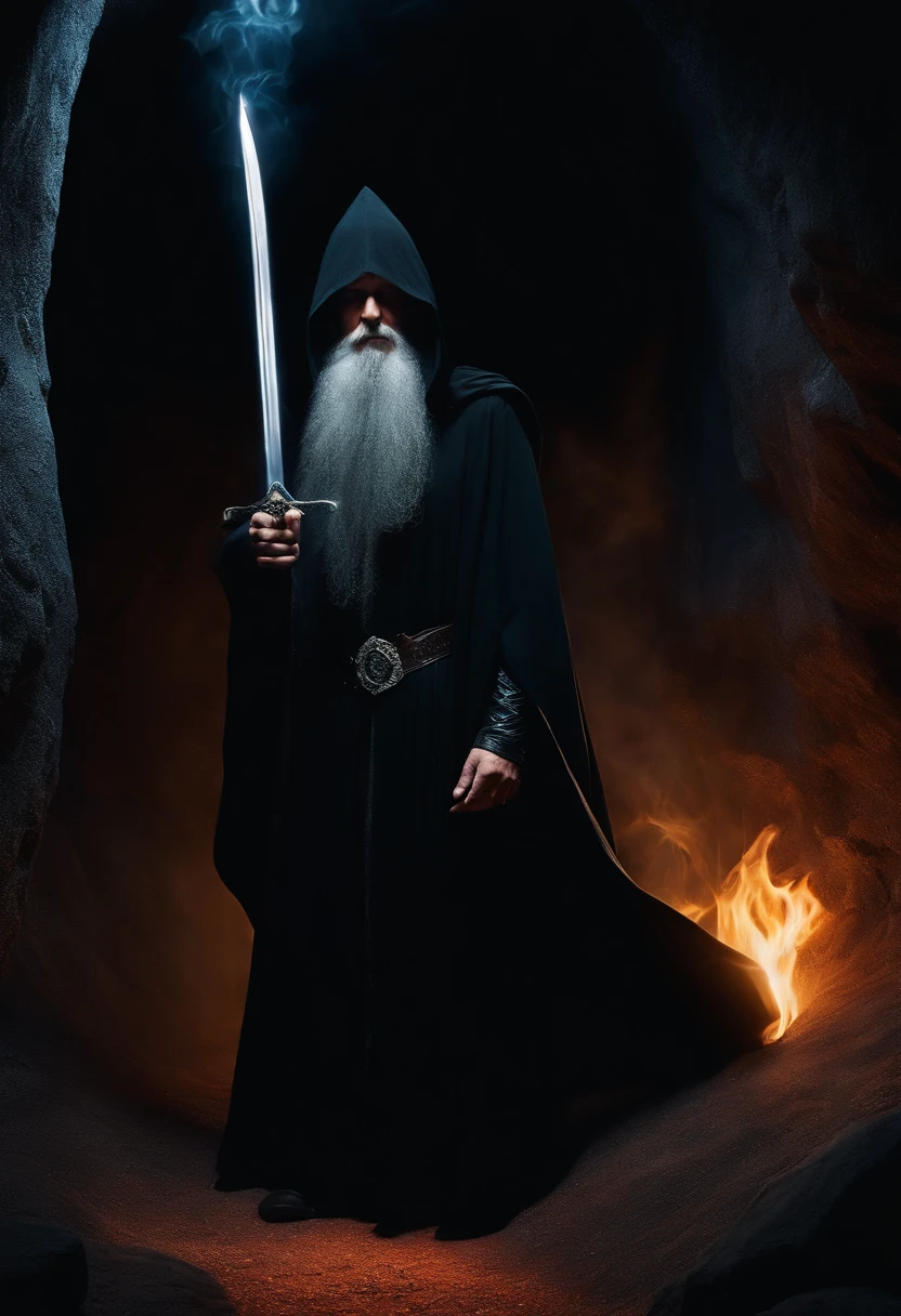 A Wizard in black drapes is at his portal holding a sword. The wizard has marijuana on the floor. The portal is located inside of a large dark cave. The Wizard is angry and enraged.