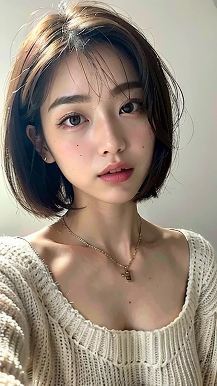 (Best quality, 8k, 32k, Masterpiece, UHD:1.2),Photo of Pretty Japanese woman, large breasts, very short bob hair,upper body,face focus,oversized_sweater, necklace, simple background, from above, looking at viewer,