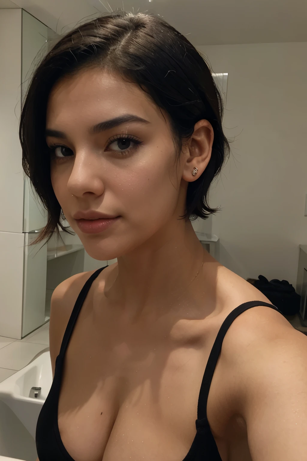 an italian model pornstar name giahboo gia boni with short black lob hair touches her ear, selfie , iphone raw
