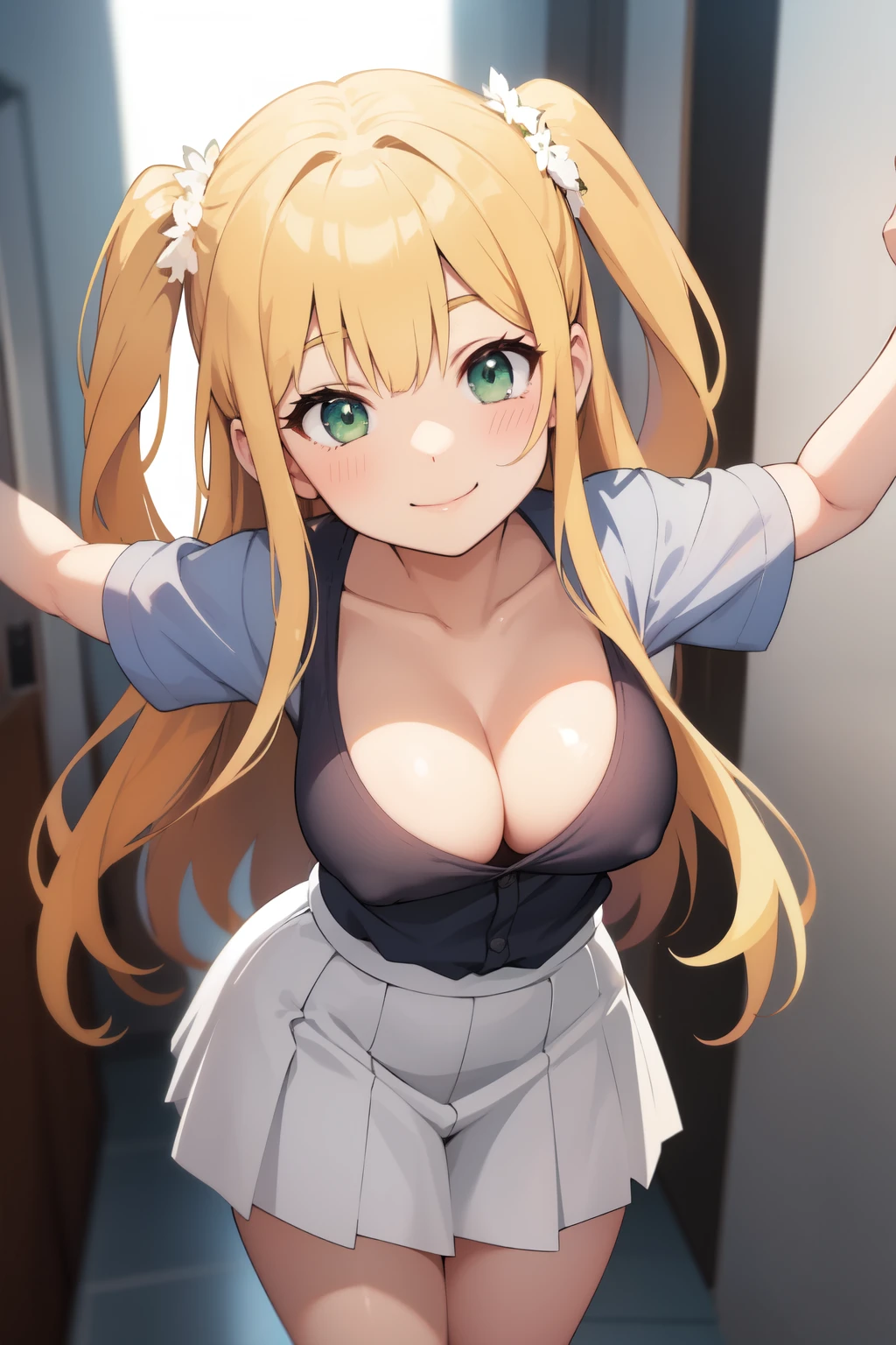 (pov looking way up at viewer while she look down at you, in the hallway) anime 19 years old girl, blonde flowy hair, green eyes, intricate legs, beautiful body, perfect body, white skirt, grey shirt, huge thighs, medium cleavage, school, hallway, looking down at (Pov look down, in front of you, looking way down at you, smiles warmly, head down looking, holding you up)