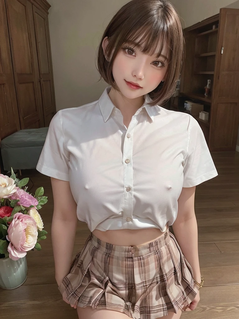 8k RAW photo, highest quality, masterpiece, Ultra-high resolution, movie grain, movie, movie, One girl, Looking at the audience, Natural skin texture, Realistic eye and facial details, full lips, lipstick, (compensate), Red Eyeshadow, Fluffy short hair, smile,eautiful 脚, Tall Woman, , alone, Small breasts, Ass posing for you, mini skirt, teeth, shirt, Beautiful natural place, Position of surrounding flowers, (Detailed Background), Plaid skirt, white shirt,Small breasts, show a little through shirt, loafers, Blurred background, Blurred, Plaid , Short sleeve, Brown Hair, bracelet, water, bangs, , jewelry, parted lips, lips, From the side, Pleated skirt, Depth of written boundary,sexy