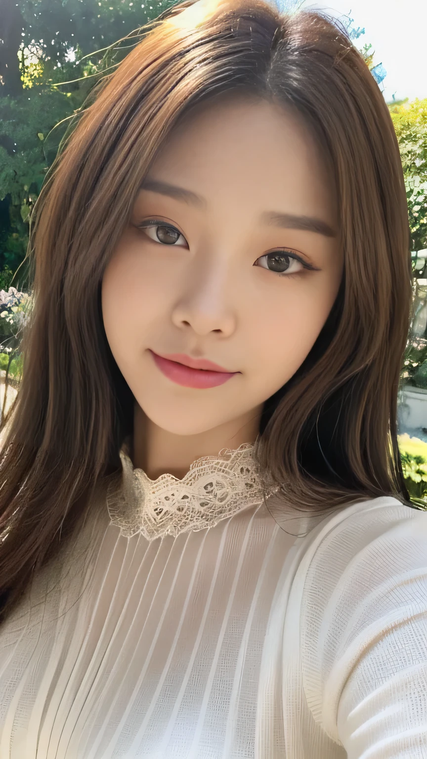 Full body angle、((highest quality, 8K, masterpiece:1.3)), concentrated:1.2, Perfect body beauty:1.4, Hips:1.2, ((Delicate Hair)), (Colorful lettuce cut mock neck see-through top without bra、 :1.1) , ((highest quality、8K、masterpiece:1.3))、1 Girl、A sloppy smile、Esbian all over、Slim face、Big 、Beautiful woman、(Dark Brown Hair)、Long Hair、1.1、Flickering Valley、Detailed eyes、double eyelid、Blurred Background、超Slim face、Looking down、garden、