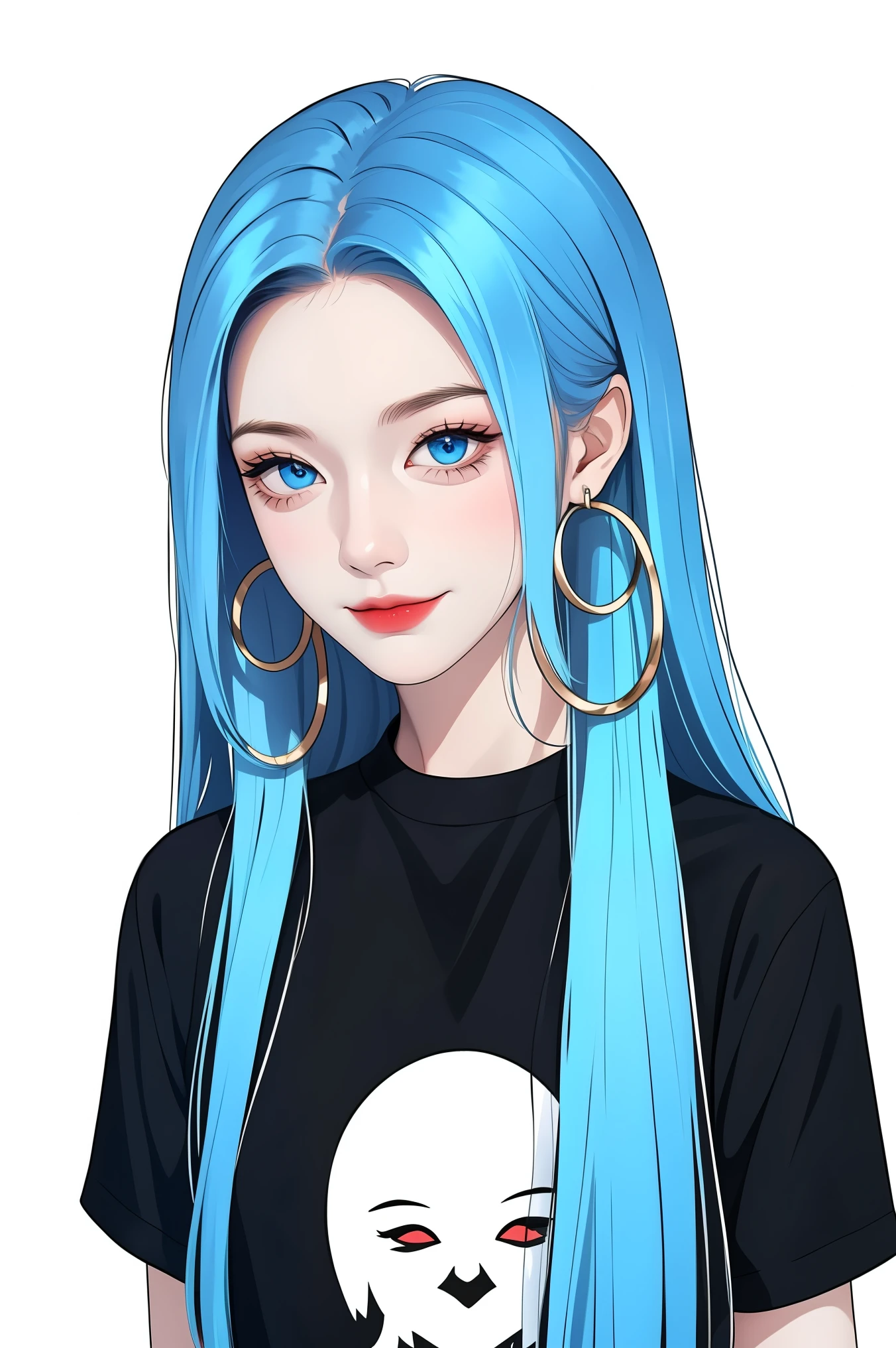 1 cute girl,colorful hair,straight_hair,long hair,hair wings,hoop_earrings,blue eyes,black short sleeve T-shirts,solid color background, cold expression, simple background, minimalist, evil smile, facing the camera, looking at the audience