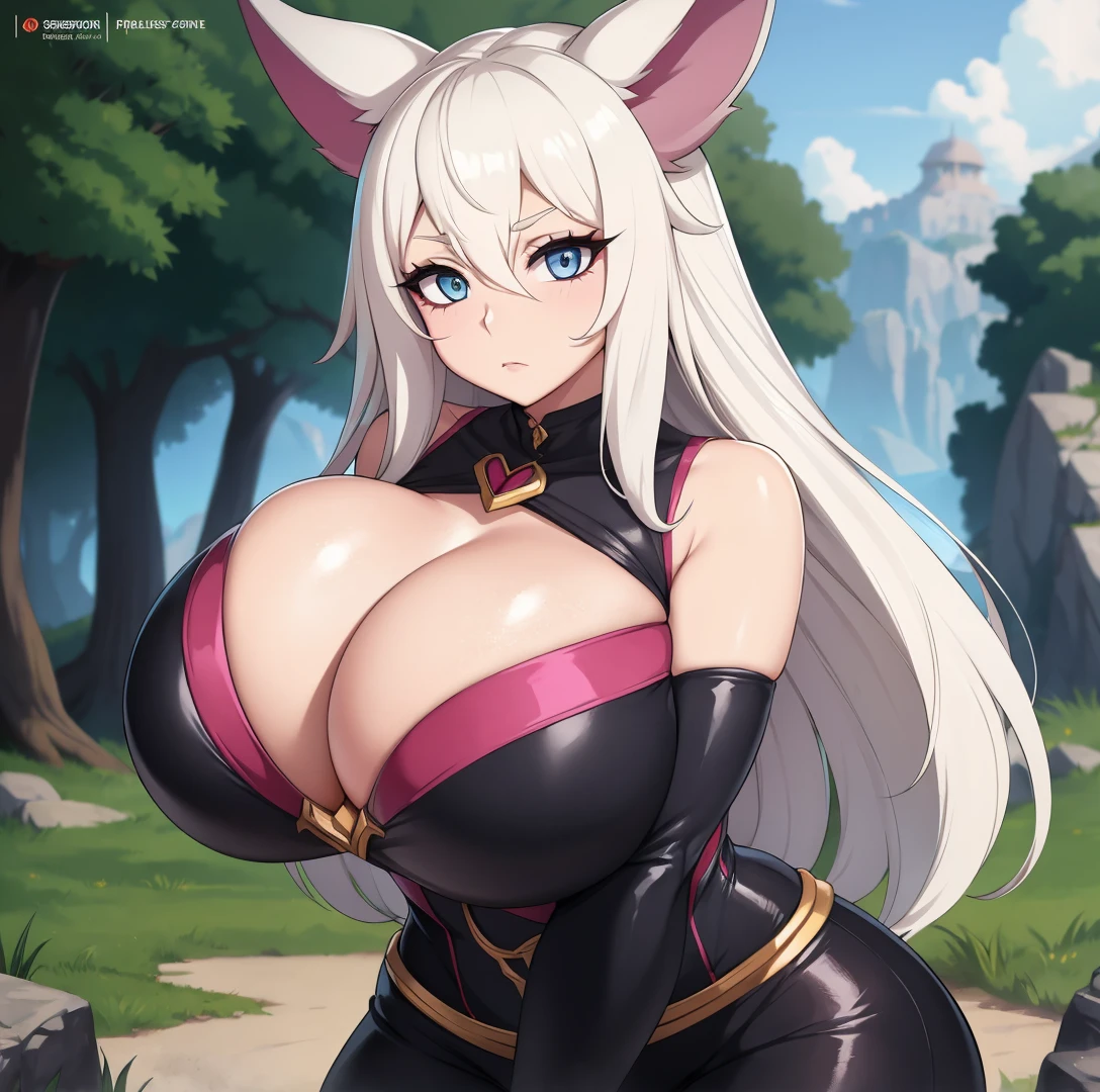 Xayah, league of legends, riot games, one girls, ai generated, animal ears, gigantic breasts, breasts, cleavage, skin suit, coomette, eyebrows, eyelashes, eyes, female, female focus, female only, huge breasts , league of legends: wild rift, looking at vierwer, white  hair, solo female, stable diffusion, voluptuous, white  eyes