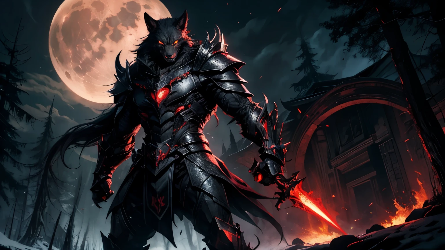Werewolf, Werewolf, full body, stands on two legs, wears black armor, wears a long coat, Futuristic armor, Red eyes, Red eyes, predatory look, frightening image, Predatory grin, scary look, dark and red tones, the forest, huge moon in the background, glowing eyes, Werewolf стоит один, there is no one else, red glow, bright eyes
