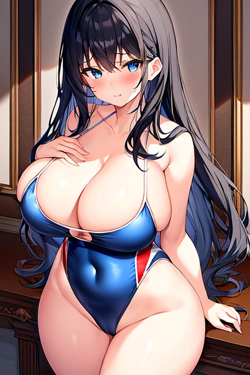 1girl, black hair, dark blue hair, dark hair, long hair, ornament, hair ornament, blue eyes, one-piece swimsuit, competition swimsuit, large breasts, wide hips, thick thighs, wavy mouth, shy, timid, breasts supress, ((breast suppress)), hands on breasts, black swimsuit, blue trim, cleavage