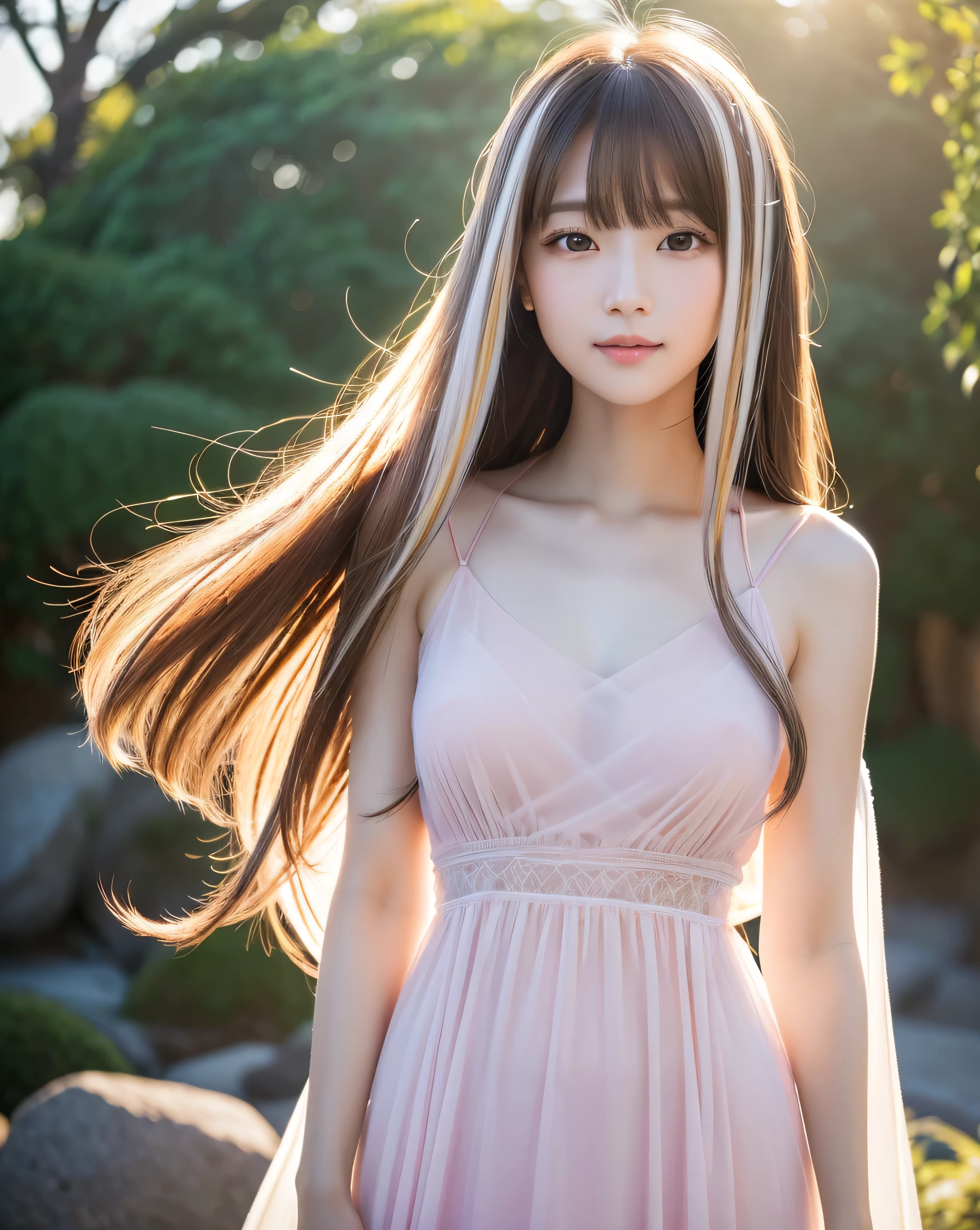 (highest quality, 32k, High resolution, masterpiece:1.5, ), A haunting fantasy photograph in an abstract style, ((In a swirl of fantastic pastel colors and soft light)), Evoking a sense of calm and elusive beauty, Expressing emotions, Have a rich imagination, Cute Japanese Girls, An exceptionally beautiful face, ((whole body)), Perfect Human Anatomy, Magical big eyes, A kind smile, motherhood and tolerance, ((Shiny platinum brown super straight long hair)), Beautifully styled, thin and delicate hair, Beautiful asymmetrical bangs, Hair between the eyes, Transparent and soft skin, Neat, thin eyebrows, double eyelid, Pale pink lips, ((Red see-through transparent camisole,)), Sunrise Coast, High resolution perfect clavicle, Beautiful chest in high resolution, Slender body with ample breasts, High resolutionの美しい太もも, Soft sunlight, Professional Lighting, Professional Photographer, Professional Model,mysterious