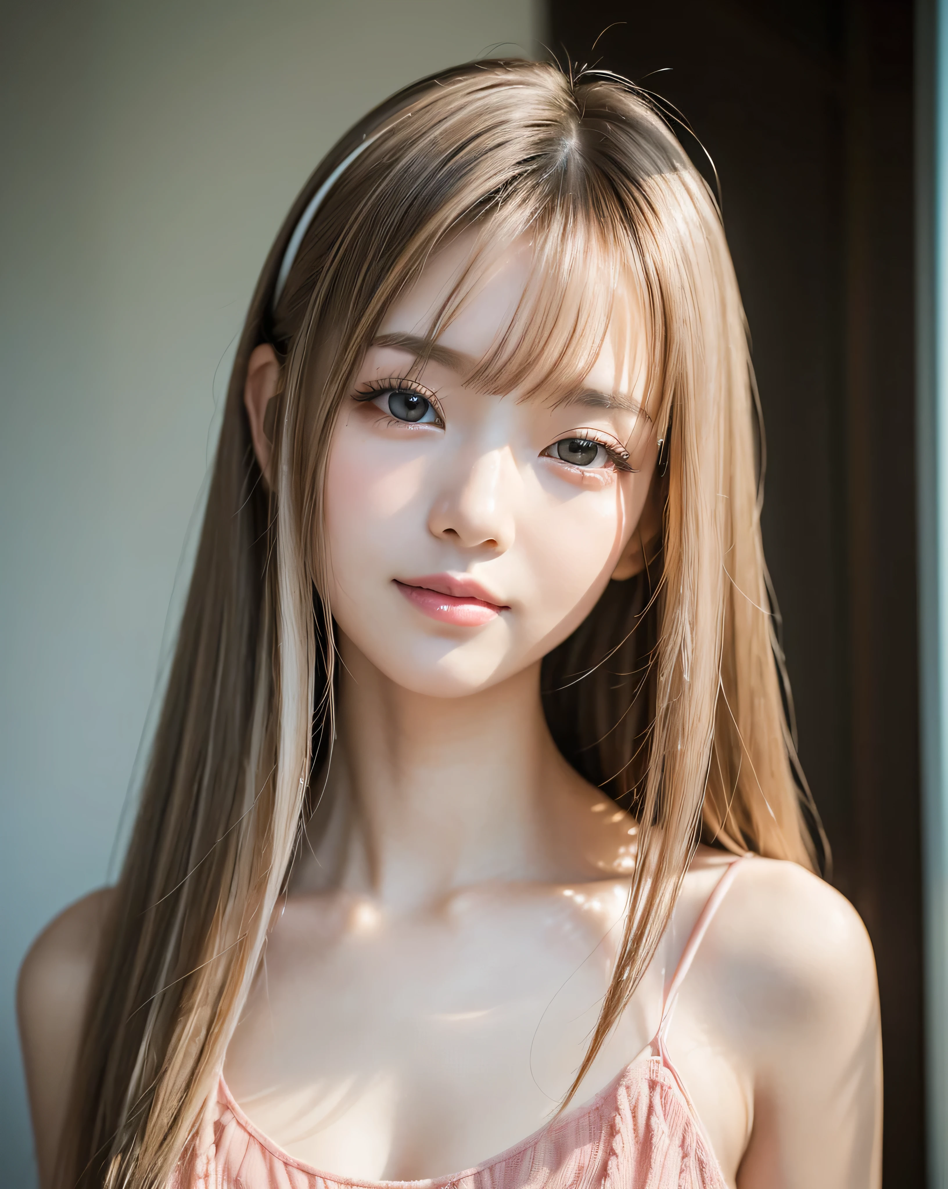 (highest quality, 32k, High resolution, masterpiece:1.5, ), A haunting fantasy photograph in an abstract style, ((In a swirl of fantastic pastel colors and soft light)), Evoking a sense of calm and elusive beauty, Expressing emotions, Have a rich imagination, Cute Japanese Girls, An exceptionally beautiful face, ((whole body)), Perfect Human Anatomy, Magical big eyes, A kind smile, motherhood and tolerance, ((Shiny platinum brown super straight long hair)), Beautifully styled, thin and delicate hair, Beautiful asymmetrical bangs, Hair between the eyes, Transparent and soft skin, Neat, thin eyebrows, double eyelid, Pale pink lips, ((Red see-through transparent camisole,)), Sunrise Coast, High resolution perfect clavicle, Beautiful chest in high resolution, Slender body with ample breasts, High resolutionの美しい太もも, Soft sunlight, Professional Lighting, Professional Photographer, Professional Model,mysterious