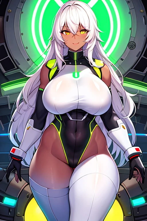 1girl, dark skin, dark-skinned female, white hair, long hair, yellow eyes, large breasts, breasts, thick thighs, wide hips, mature female, milf, tall, tall female, toned, toned female, smile, futurustic, science-fiction, machinery, tech, white clothes, white bodysuit, bodysuit, neon trim, neon, neon lights,