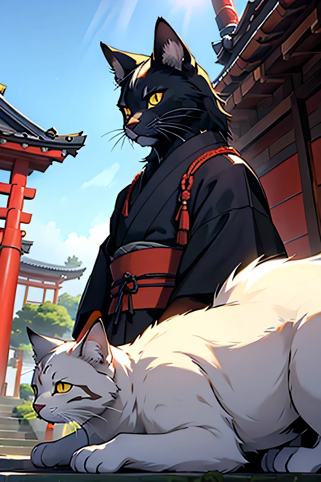 Gato samurai en templo japones