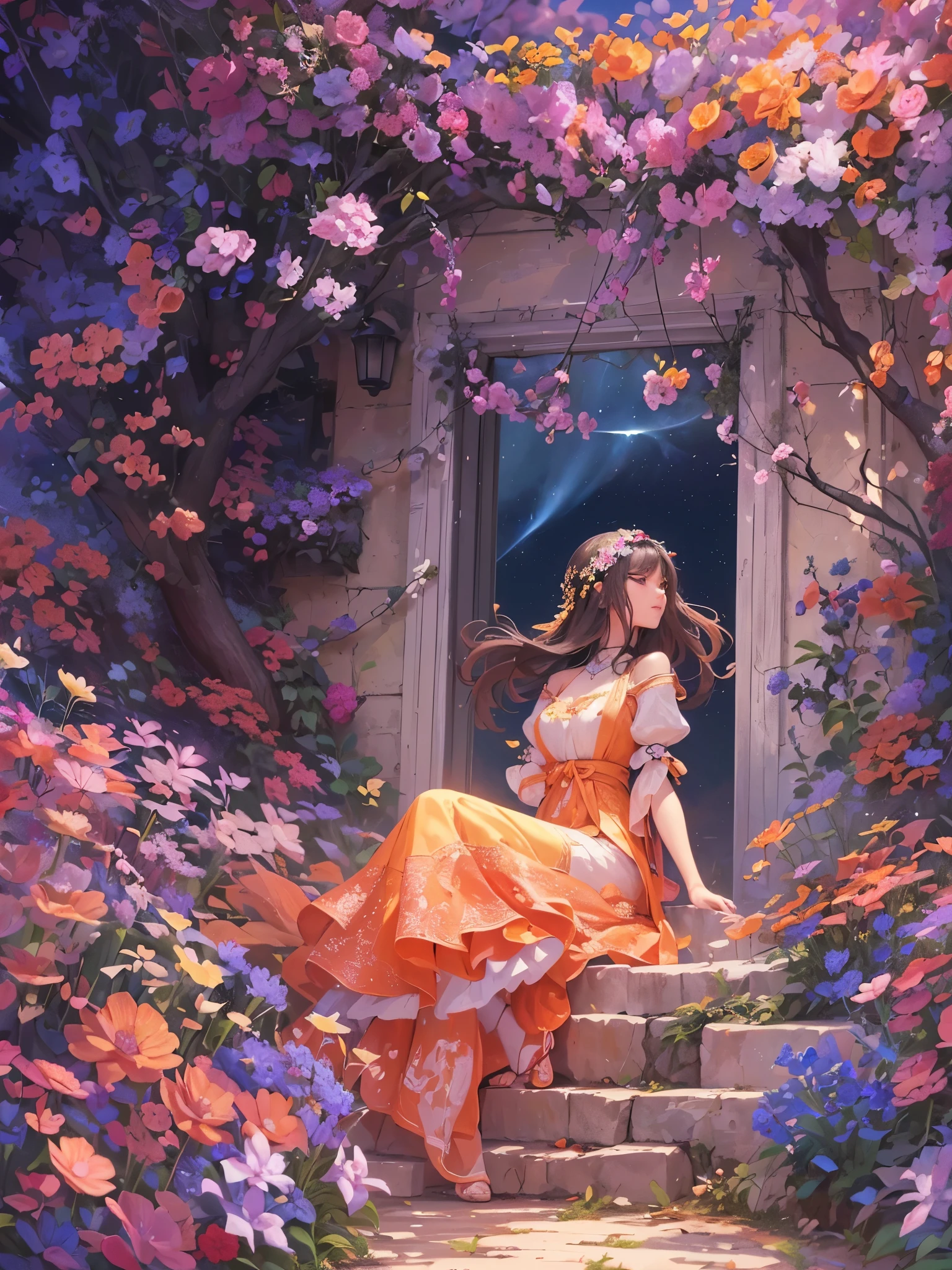 ((highest quality)),(Ultra-high resolution),(Very detailed),(Detailed Description),((The best CG)),(A masterpiece),Ultra-precise art,Amazing drawing art,(Art with precise detail:1.5), (woman:1.5),(Beautiful and well-proportioned face:1.4), The traveler continues to search for a land where seven-colored flowers bloom in full glory, And the West Wind asked, Where are you going?, Far away from home, Look up and see the stars pointing the way to the future, The song of the wind returns to the earth, humming a lonely melody If the past and future are just a fleeting light, I want to continue walking freely, A destiny that goes against the rules, Praying on the road to battle