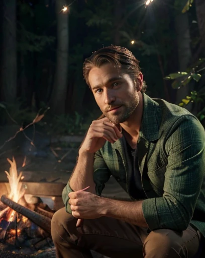 4k uhd, sharp focus, masterpiece, high quality, highly detailed, ((full body shot of a handsome 35 year old desirable caucasian man with distinguished features sitting at a campfire at night with glowing fireflies around him)), looking in wonder, athletic build, tall height, ((intriguing green eyes)), light brown medium length hair, clean cut haircut, ((no facial hair)), seductive smile with a gentle expression, detailed depiction of facial features, perfectly symmetrical face, crisp details, ultra-fine rendering, outdoor lighting which masterfully accentuates his excellent features, cinematic lighting, realistic,