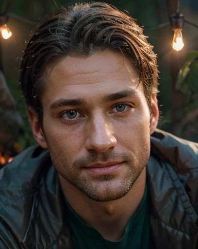 4k uhd, sharp focus, masterpiece, high quality, highly detailed, ((full body shot of a handsome 35 year old desirable caucasian man with distinguished features sitting at a campfire at night with glowing fireflies around him)), looking in wonder, athletic build, tall height, ((intriguing green eyes)), light brown medium length hair, clean cut haircut, ((no facial hair)), seductive smile with a gentle expression, detailed depiction of facial features, perfectly symmetrical face, crisp details, ultra-fine rendering, outdoor lighting which masterfully accentuates his excellent features, cinematic lighting, realistic,
