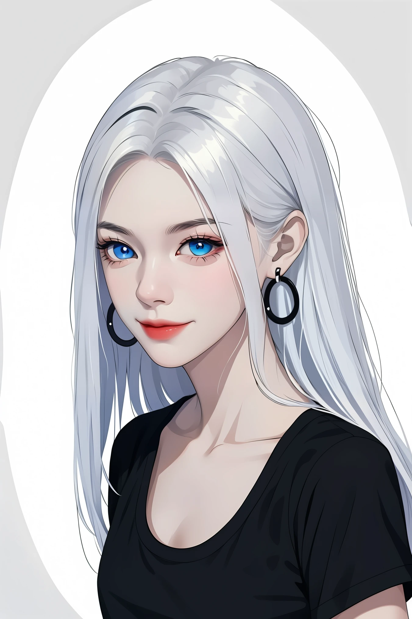 1 cute girl,white hair,straight_hair,long hair,hair wings,hoop_earrings,blue eyes,black short sleeve T-shirts,solid color background, cold expression, simple background, minimalist, evil smile, facing the camera, looking at the audience