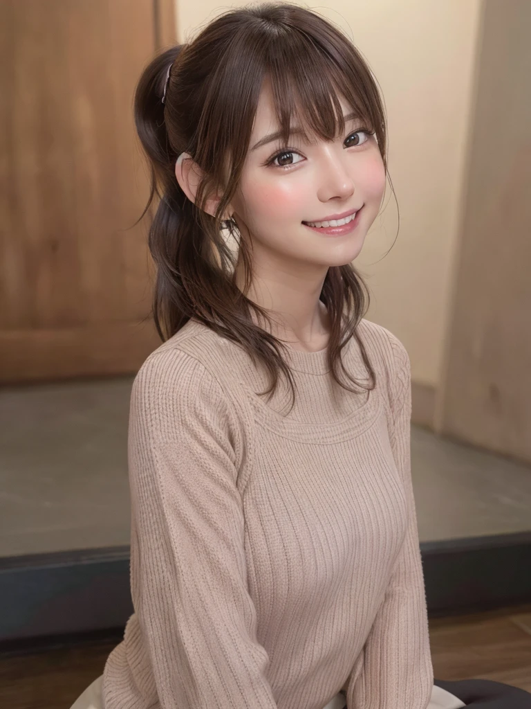 brown hair, hair over shoulder, ponytail, grin, blush, Surrealism, Hyperrealism, Verism, wide shot, UHD, masterpiece, ccurate, anatomically correct, textured skin, super detail, high details, high quality, highres, 1080P, HD, 8k
