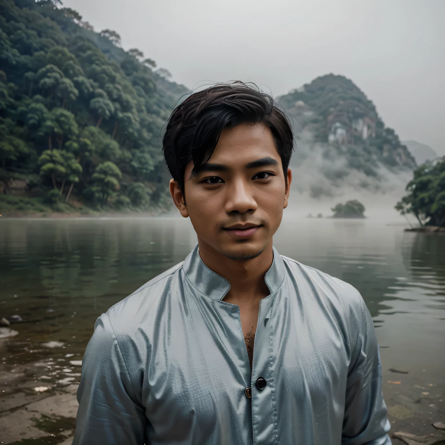 A handsome thailand short hair in the cold and foggy morning  at the amazing beautiful side lake