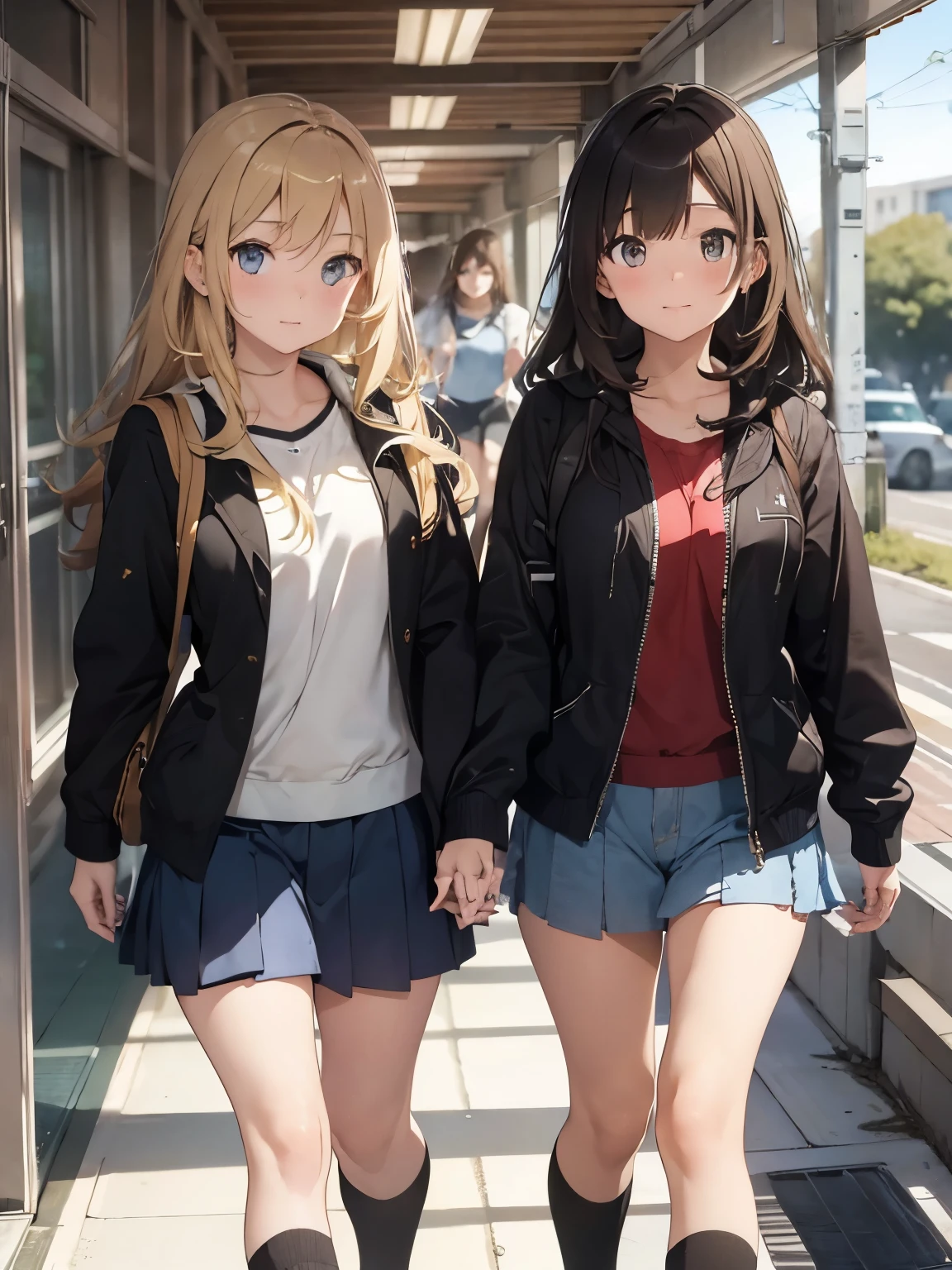 2  girl in casual outfit walking, hair color- dark brown and blonde walking in the school hallway