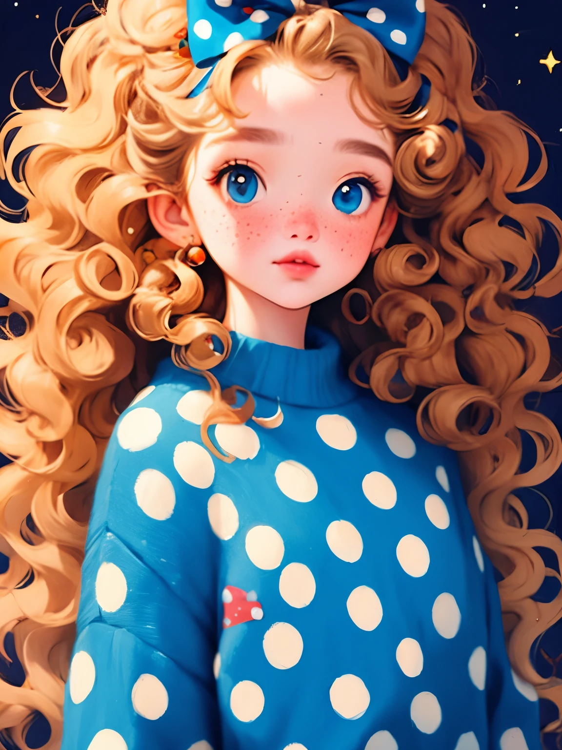 (masterpiece, highest quality:1.2), Beautiful girl，Soft hair Curly hair，Big Bow，Polka dot sweater，Small freckles，