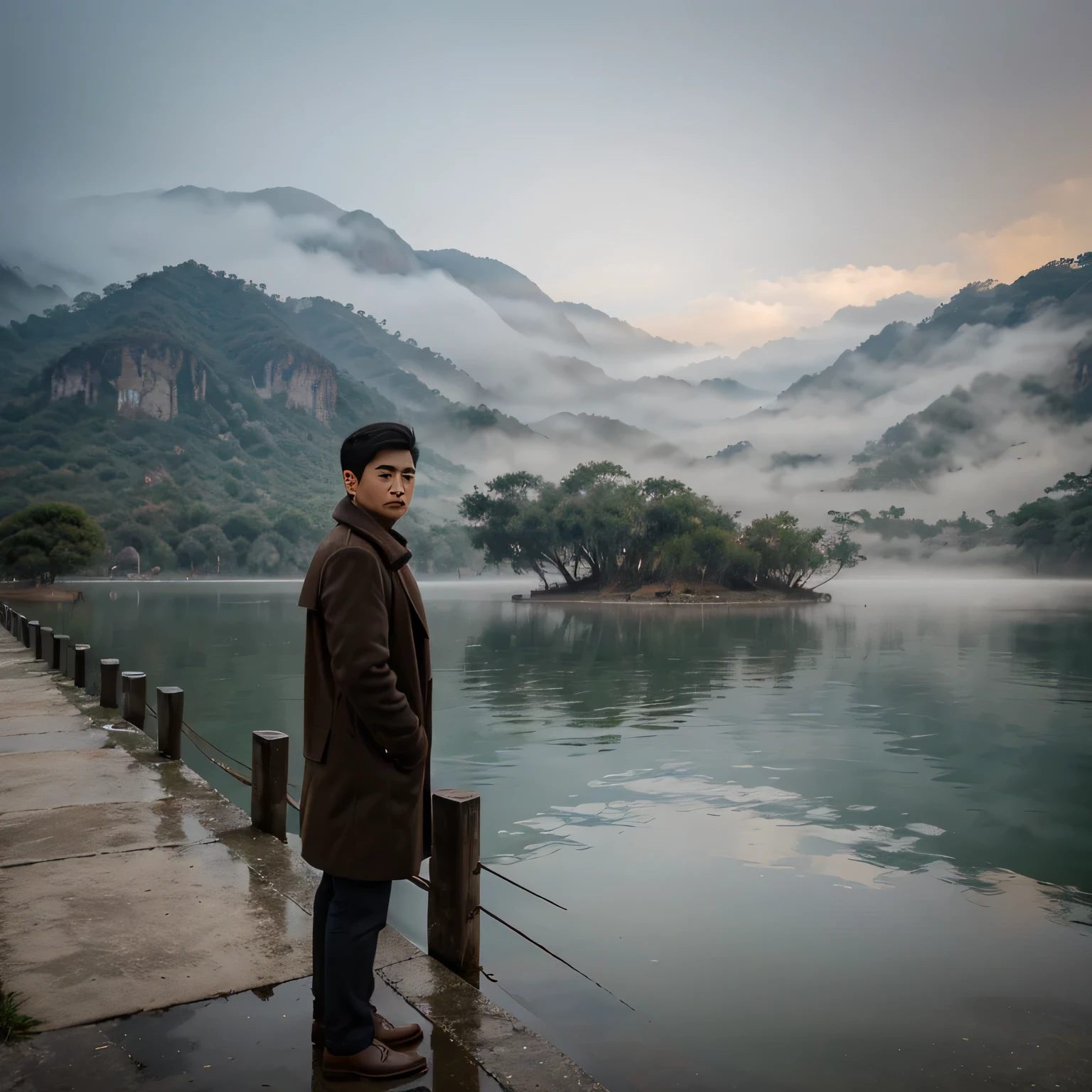 A handsome thailand short hair wearing coat in the cold and foggy morning  at the amazing beautiful side lake,wide angle,long shot view,ultra HD,