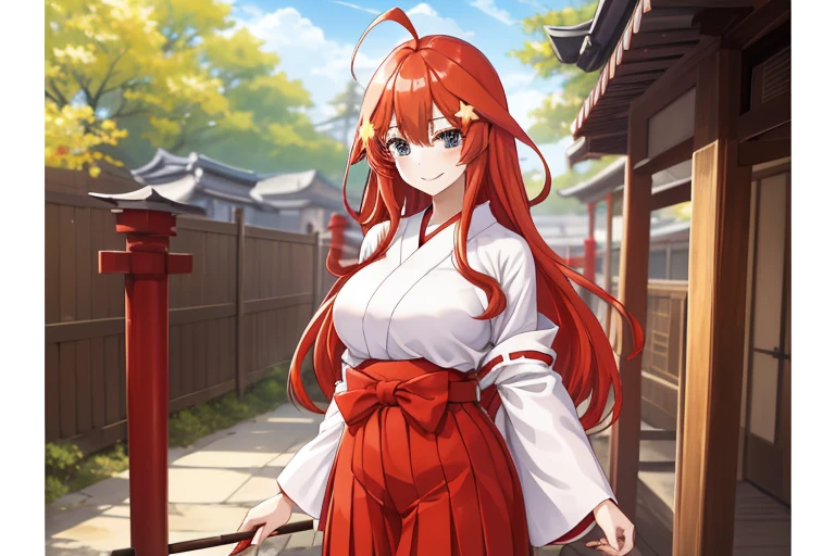 2d, masterpiece, best quality, anime, highly detailed, 5 girl, photo of 5 girl, quintuplets, nakano itsuki, red hair, long hair, star hair ornament, ahoge, large breasts, standing, miko, white yukata, red hakama, outdoors, smile, temple, sexy body, perfect body