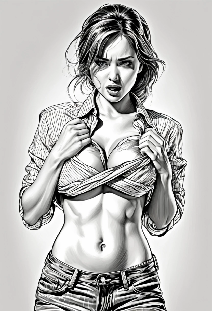 (best quality,4k,8k,highres,masterpiece:1.2),ultra-detailed,(realistic,photorealistic,photo-realistic:1.37),illustration-style,detailed illustration,pencil sketch style,dramatic composition,dynamic pose,woman tearing shirt,breasts,exposing heart,black and white,line art,tension,expressive emotion,detailed anatomy,body distortion,heavy shading,strong contrast,vivid hatching,striking graphical elements,comic book style,ink lines,stylized texture,vectorized illustration,highly detailed clothing,rippling fabric,sense of movement,attention-grabbing visuals,dynamic lighting,emotional intensity n illustration-style drawing in which a woman appears, tearing her shirt from the area of her breasts, revealing her heart. black and white comic illustration