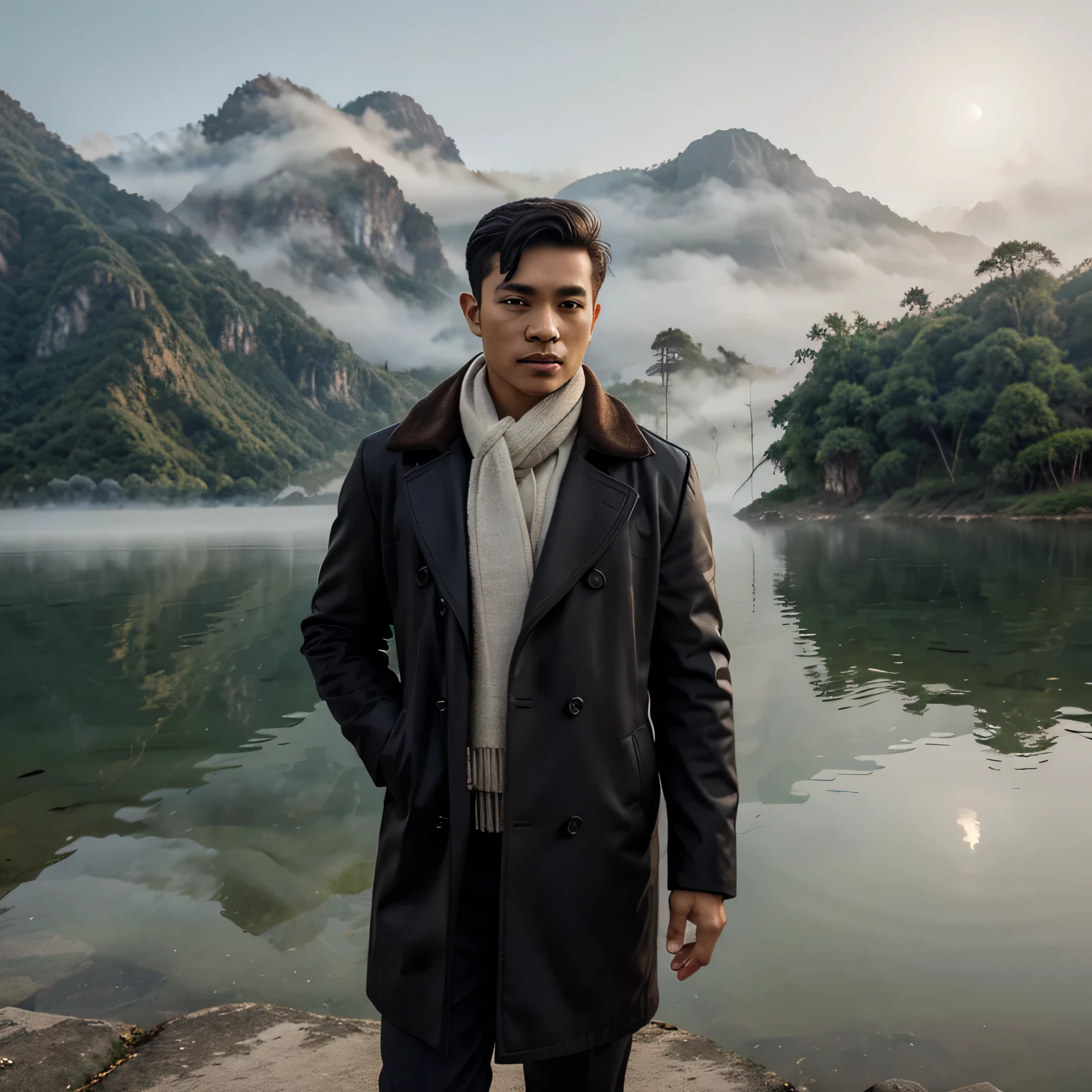 A handsome thailand short hair wearing coat in the cold and foggy morning  at the amazing beautiful side lake,wide angle,long shot view,ultra HD,
