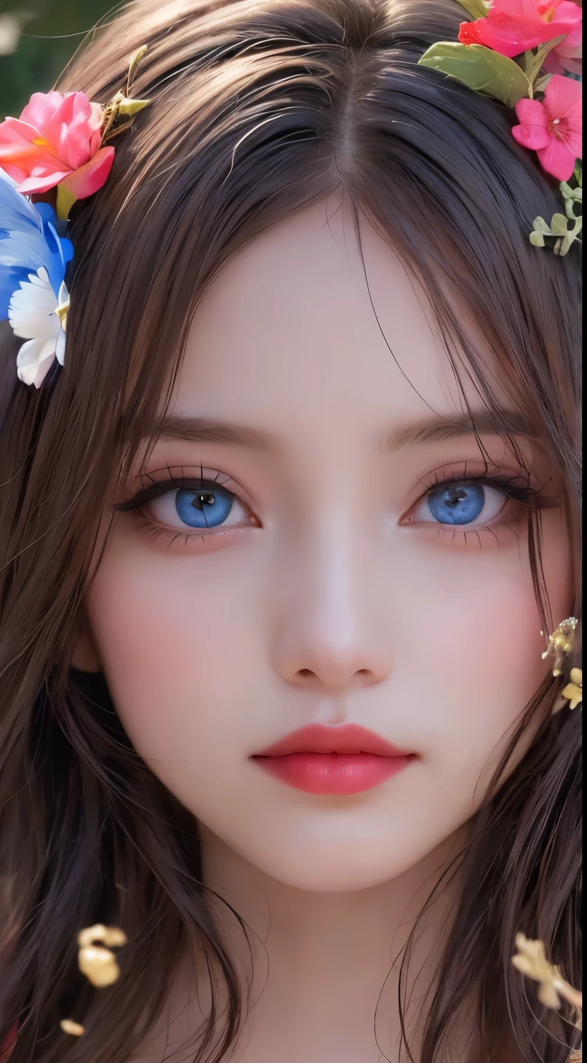 Beautiful woman face close up, Captivating look, Sharp Face, blue eyes,Red lips, A magnificent artistic appearance,Water splashes on her face, Ultra-detailed, Perfect composition
